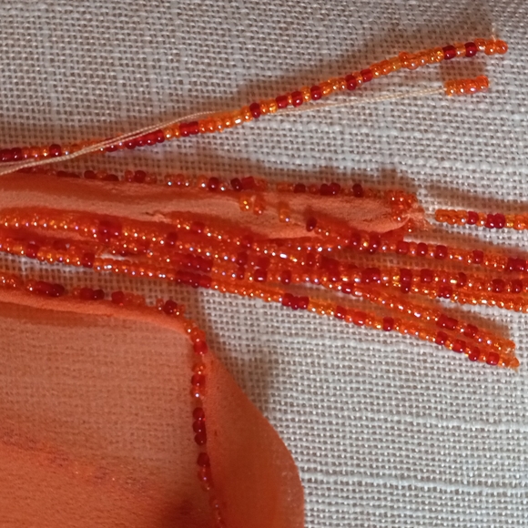 2 SILK Skinny Scarfs in Beaded Tassels in Orange & Green Silk Chiffon - Picture 5 of 8